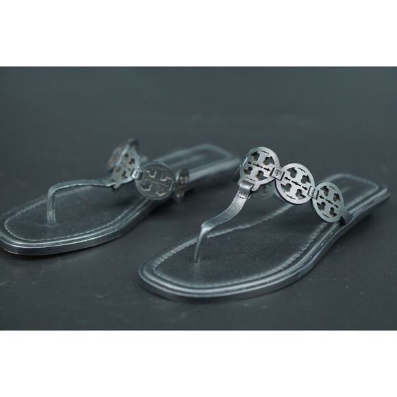 Tory Burch Miller Tiny Black Leather Thong Sandals SZ 7.5 $235 Logo Flip Flop - Picture 6 of 9